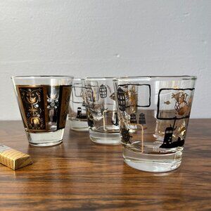 Dominian Glass 4 Whiskey Glasses Tumblers (3 Nautical + 1 Ornament) Black Gold